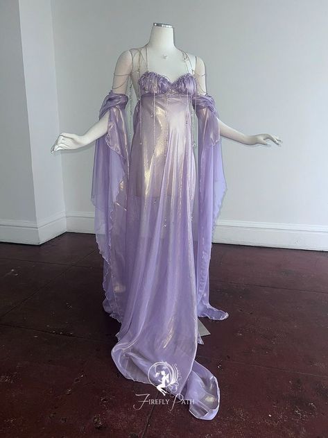 Purple Fantasy Dress, Ethereal Dress Goddesses, Purple Dress Aesthetic, Mystical Outfits, Siren Outfits, Firefly Path, Unusual Outfits, Kawaii Purple, Fairy Gown