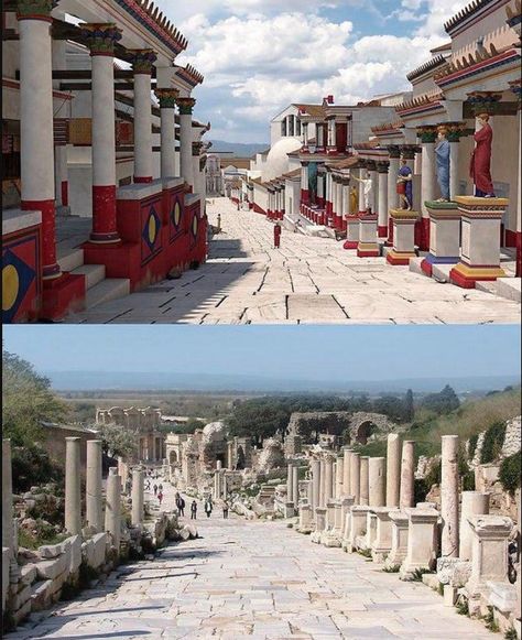 A rendering of what Ancient Greece would have looked like: Curetes Street in ancient Ephesus. Architecture Antique, Ancient Athens, Ancient Greek City, Greek Temple, Greek Statues, Empire Romain, Ancient Greek Architecture, Roman Architecture, Fantasy Setting