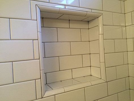 Tile Around Window, Attic Bathroom Ideas, Tile Shower Niche, Feature Wall Design, Bullnose Tile, Round Tiles, White Subway Tiles, Tile Edge, Glass Subway Tile