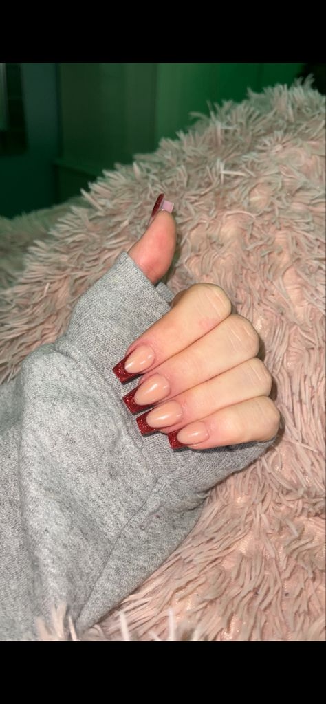 Red French Sparkle Nails, Black French Tip Nails Christmas, Sparkle Red French Tip Nails, Dark Red Glitter French Tip Nails, Dark Red Chrome French Tip Nails, Glittery Red French Tip Nails, Red Glitter French Tip Nails Square, Sparkly Red French Tip Nails Square, Red Prom Nails Acrylic Short