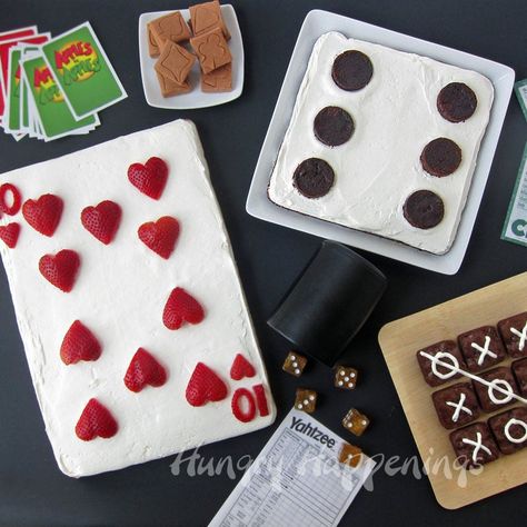 Game Night Desserts: We have game nights once a month, and each time I have fun playing in my kitchen before the games even get started.  Last month I made a 10 of Hearts Fruit Pizza, a Brownie Dice, a Brownie Tic Tac Toe Board and some Playing Card Fudge. The best… Games Night Food, Game Night Desserts, Family Game Night Snacks, Casino Banner, Game Night Snacks, Game Night Food, Night Dessert, Carnival Games For Kids, Game Night Parties