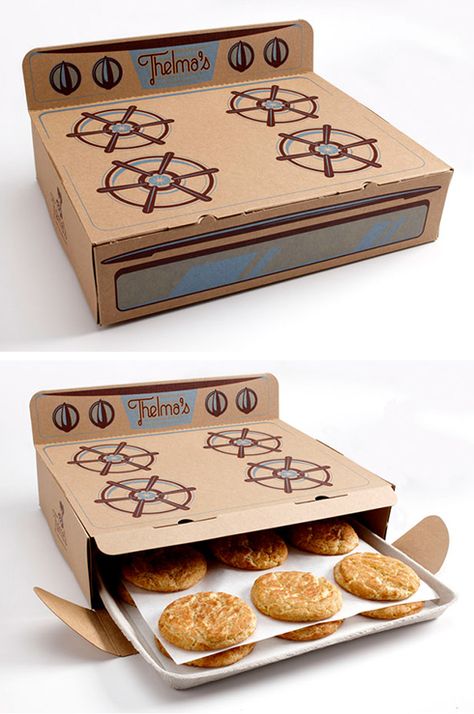 Thelma #Oven Shaped #Box Design by Saturday Mfg Brilliant Packaging Design, Brilliant Packaging, Clever Packaging, Innovative Packaging, Bakery Packaging, Cool Packaging, Bakery Design, Call Saul, Cookie Packaging