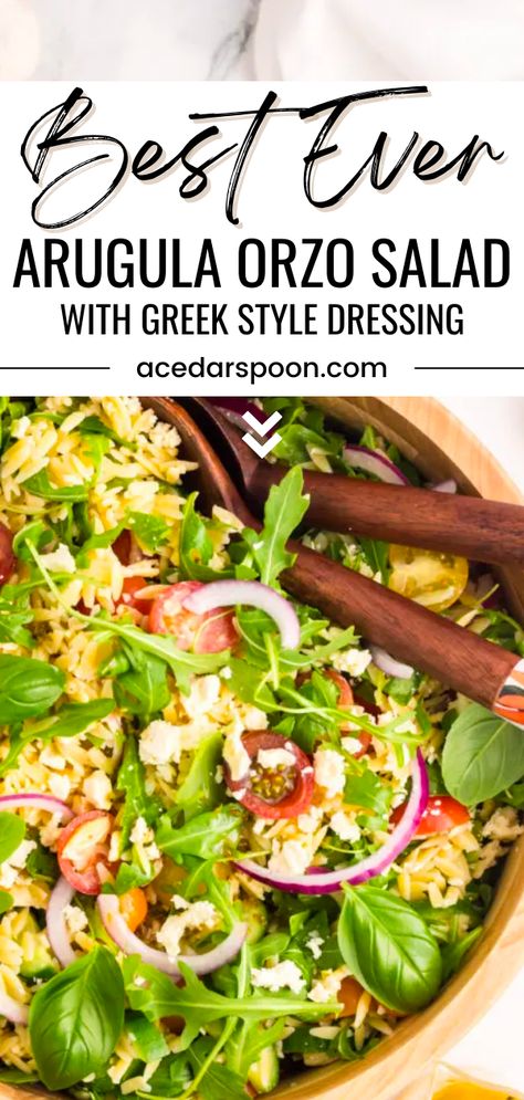 This Arugula Orzo Salad Recipe is just what you need! Made with peppery arugula, juicy cherry tomatoes, crisp cucumbers, and red onion, this salad is topped with creamy feta cheese, fresh basil, and a homemade Greek style dressing that will leave your taste buds dancing. Whether you're serving it as a side dish or as the main course, this salad is versatile and pairs well with grilled salmon, chicken, steak, shrimp, or tofu. Recipes Using Arugula, Orzo Arugula Salad, Steak Shrimp, Arugula Recipes, Greek Dressing, Creamy Feta, White Bean Salad, Zucchini Salad, Side Dishes For Bbq