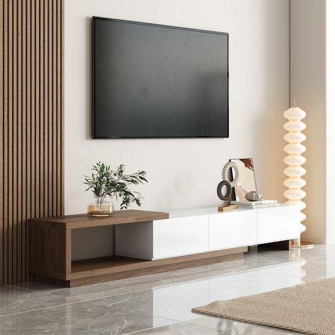 Meuble TV noir moderne Quoint, 2550mm, console multimédia rétractable et extensible à 3 tiroirs, noyer White Tv Unit Design, Hanging Tv Console, Modern Tv Console Design, Tv Area Ideas Living Room, White Tv Wall, Wall Mounted Tv Ideas, Tv Stand Decor Living Room, Living Room Designs Cozy, Tv Stand Ideas