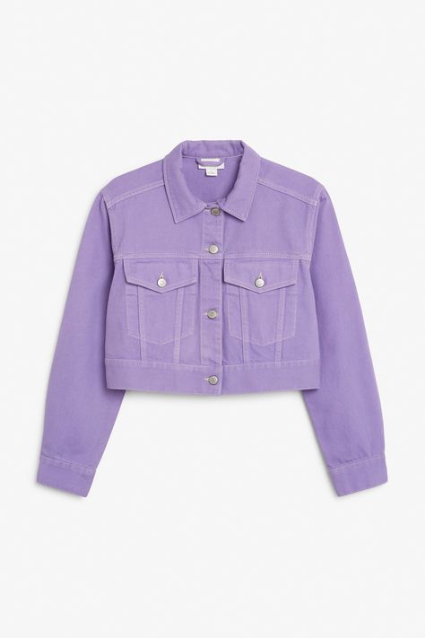 Cropped denim jacket - Purple lilacs - Coats & Jackets - Monki FR Purple Outfits, Purple Jacket, Cropped Denim Jacket, Fashion Design Clothes, Girls Fashion Clothes, Cropped Denim, Teen Fashion Outfits, Cute Casual Outfits, Teen Fashion