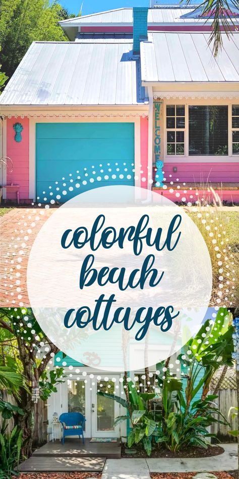 Small Beach House Ideas, Colorful Beach House Exterior, Exterior Beach House Colors, Small Beach Cottages, Peach Cottage, Exterior Beach House, Small Beach Cottage, Colorful Beach House, Florida Beach Cottage