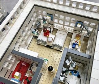 Who Broke his leg? A Modular hospital | Jean Macou | Flickr Lego Hospital Moc, Lego House Moc, Lego Drawing, Custom Lego Modular Buildings, Lego Hospital, Lego Doctor Who Moc, Lego Muppets Moc, City Hospital, Lego Techniques