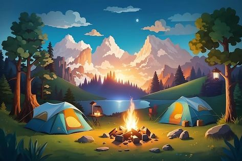 Camping Banner Design, Camping Illustration Art, Camp Background, Camp Illustration, Camping Background, Camping Banner, Wallpaper Adventure, Adventure Background, Camping Poster