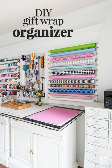 How to decoratively organize and store gift wrap in a craft room or on the back of a door. #giftwrap #giftwraporganizing #rollsofgiftwrap #storinggiftwrap #craftroomideas Gift Wrap Room Ideas, Wrapping Room Organization, Gift Wrapping Stations Ideas, Wrapping Paper Organization Station, Craft Room Wrapping Station, Gift Wrapping Station Diy, Wrapping Room Ideas, Door Mat Storage Ideas, Gift Wrapping Room Ideas