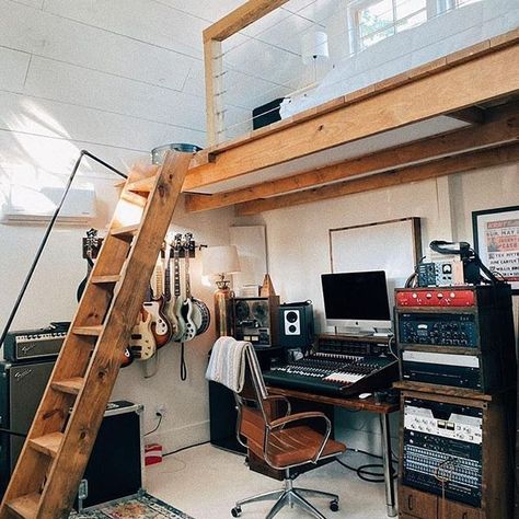 Loft Music Studio, Shed Recording Studio, Loft Bed Music Studio, Shed Music Studio, Music Studio Shed, Small Recording Studio, Bedroom Music Studio, Drum Studio, Music Room Design