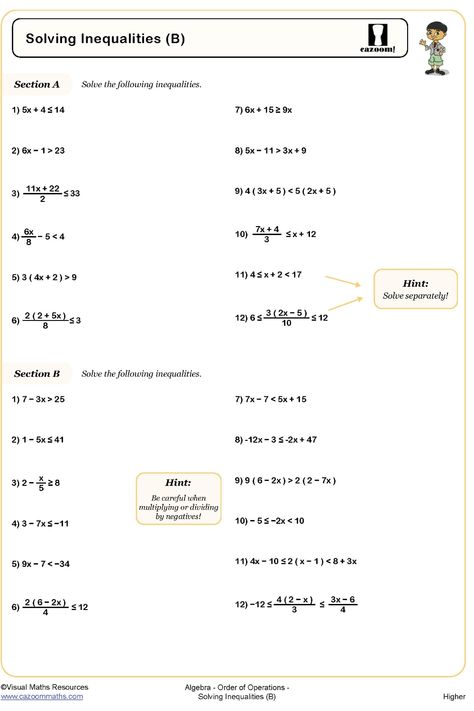 Year 8 Solving Inequalities Worksheet Year 8 Maths Worksheets, Inequalities Worksheet, Solving Inequalities, Linear Inequalities, Maths Worksheets, Year 8, Order Of Operations, Math Worksheet, Problem Solving Skills