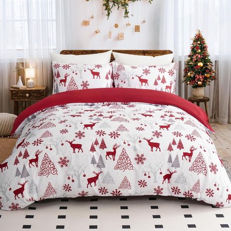 Add a festive touch to your bedroom with this Christmas duvet cover set. The Christmas-themed patterns: snowflakes, Christmas tree, and reindeer in rich red will bring Christmas cheer to your bedroom for the season. Our Christmas duvet cover set is made from high-quality microfiber material, which has a soft and luxurious feel. Experience ultimate softness and comfort while sleeping. Red Duvet, Christmas Duvet Cover, Christmas Bedding Set, Christmas Duvet, King Size Duvet Covers, Patterned Bedding, Christmas Bedding, Queen Size Quilt, Quilted Duvet Cover