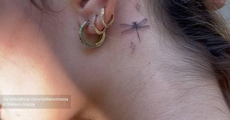 Behind The Ear Fairy Tattoo, Fine Line Tattoos Dragonfly, Behind Ear Dragonfly Tattoo, Dragon Fly Tattoo Behind Ear, Dragonfly Ear Tattoo, Tattoos Dragonfly, Tattoo Dragonfly, Line Animals, Tattoos Behind Ear