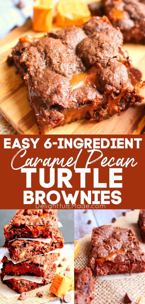 The EASIEST Turtle Brownies Recipe | Cake Mix Caramel Pecan Brownies Easy Turtle Brownies, Chocolate Pecan Brownies, Killer Brownie Recipe, Butter Pecan Brownies, Turtle Brownies From Scratch, Turtle Brownies With Box Mix Recipe, Turtle Brownies Recipe, Turtle Recipes, Caramel Pecan Brownies