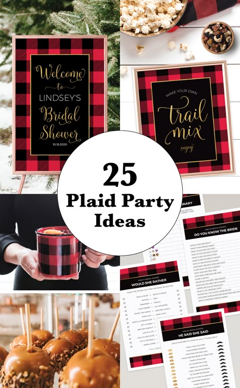 25 unique plaid party ideas for a cozy Flannel themed party! Use for a Flannel and Fizz bridal shower, a Flannel Fling Before the Ring bachelorette party, Lumberjack birthday party or any other event all about plaid! Flannel Holiday Party Theme, Flannel Table Decor, Buffalo Plaid Bridal Shower Ideas, Plaid Theme Party, Channel The Flannel Christmas Party, Flannel Fling Before The Ring Decor, Channel Your Flannel Party, Flannel Fling Before The Ring Bachelorette Party, Flannels And Fizz Party