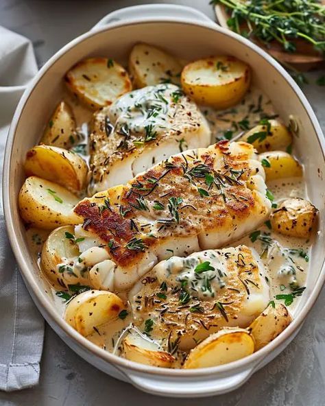 Rosemary Cream Sauce, Cod And Potatoes, Cod Dishes, Cod Recipes, Fall Dinner Recipes, Cream Sauce, Fish Dishes, Breakfast Lunch Dinner, Seafood Dishes