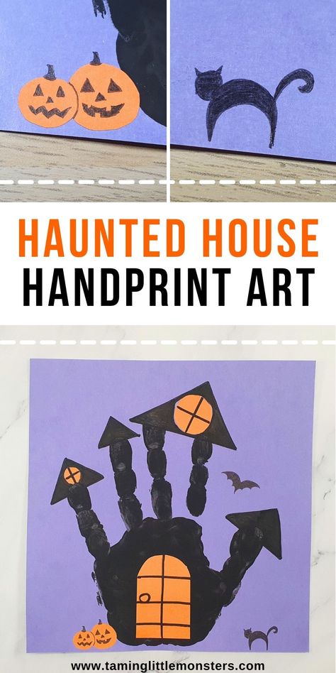 Handprint Haunted House, Friends Craft Preschool, October Preschool Art Projects, Letter H Halloween Crafts For Preschoolers, Halloween Themed Toddler Activities, Haunted House Handprint Craft, Haunted House Preschool Activities, Halloween Lesson Plans For Preschool, Prek Family Theme Crafts