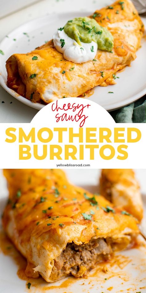 What To Do With Burrito Tortillas, Friday Recipes Dinners, Easy Burrito Recipe Beef, Beef Burrito With White Sauce, Wet Burrito With Green Sauce, Smothered Bean And Cheese Burritos, Beef And Bean Burritos Smothered With Red Chile Chimayo, Smothered Beef And Bean Burrito Bake, Burritos Beef And Bean