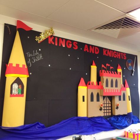 Castle 'Kings and Knights' classroom display - The Lady of Shalott:                                                                                                                                                      More Knights And Castles Topic, Castle Theme Classroom, Castle Decorations, Castle Classroom, Castles Topic, Castle Crafts, Castle Party, Fairy Tale Theme, Castle Decor