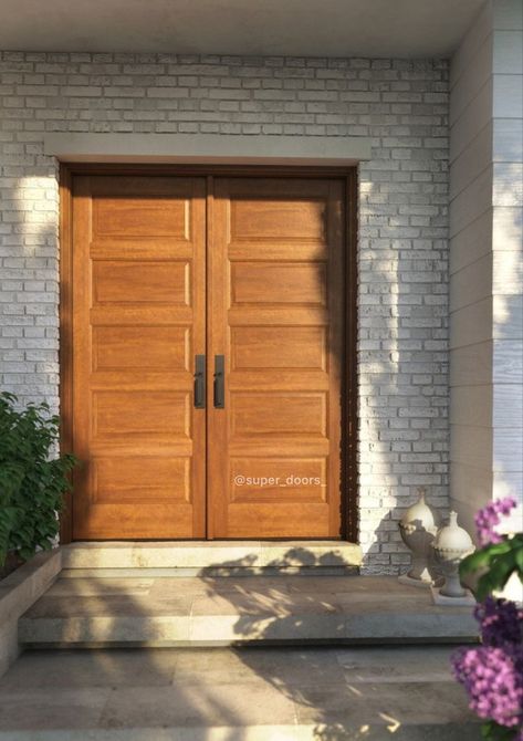 Mahogany Front Door Entrance, Double Door Entrance Wood, Ply Wood Door Design, Modern Wooden Main Door Design, Wooden Double Front Doors Entrance, Double Front Entry Doors Modern, Front Double Door Design, Double Door Design Wood, Main Door Design Ideas