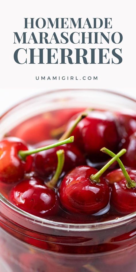 Here's how to make homemade maraschino cherries two ways: a kid-friendly version for Shirleys and desserts and a boozy, adults-only version for cocktails. Cherry Mashers, Maraschino Cherries Recipes, Cherries Recipes, Sour Cherry Recipes, Cherry Recipe, Preserving Recipes, Syrup Recipes, Cherry Syrup, Cherry Sauce