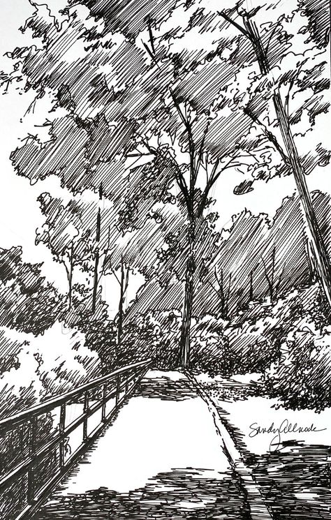 Landscape Hatching Drawing, Pen People Drawing, Black Pen Landscape Drawing, Ink Sketch Landscape, Black And White Art Drawing Sketching, Pen Nature Drawings, Ink Drawing Tattoo, Path Ink Drawing, Nature Pen Art