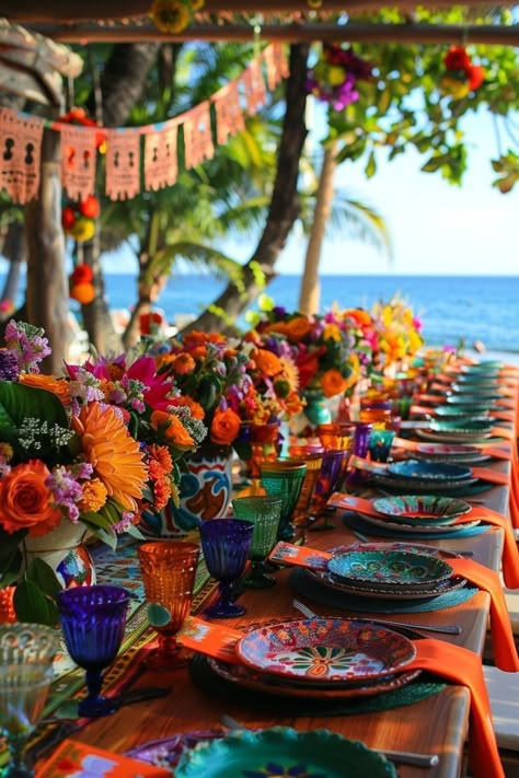 Frida Kahlo Party Ideas, Mexican Table Setting Ideas, Tropical Centerpiece Ideas, Mexican Centerpiece Ideas, Mexican Table Setting, Mexican Centerpiece, Frida Kahlo Wedding, Mexican Theme Party Decorations, Mexican Birthday Parties