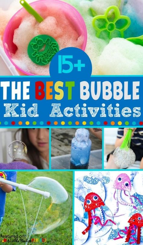 The Best Bubble Activities for Kids Outdoor and Indoor Play including giant bubbles, bouncing bubbles, bubble science, bubble arts and crafts, and bubble sensory play. Bubble Ideas For Kids, Indoor Bubble Activities, Bubble Day At School, Bubble Fun Activities, Bubble Day Activities, Bubble Day, Bubble Science Experiment, Bubble Activities Preschool, Bubble Science Experiment For Kids