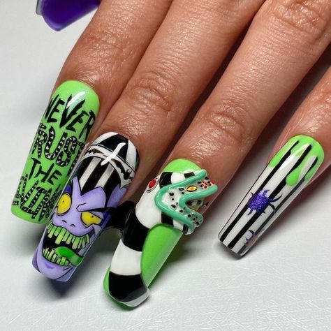 Nails By Dev, Bettle Juice Nail Art, Beatle Juice Nail Art, Halloween Character Nails, Beetlejuice Nails Acrylic, Beetlejuice Nail Art, Ghost Halloween Nails, Nail Art Designs Halloween, Current Nail Trends 2023