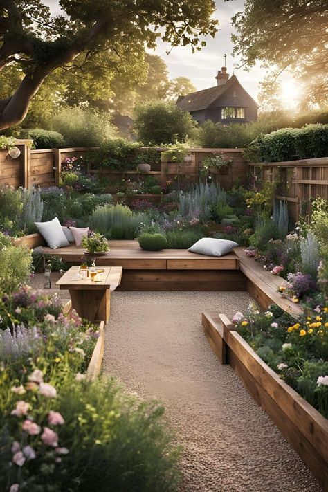 English Garden With Pond, Tiny Back Garden Ideas Uk, Garden Side Return Ideas, Long Gardens Design, Levels Garden Ideas, Cottage Garden Small Space, Small Two Level Garden Ideas, Staggered Garden Ideas, Statues In Gardens