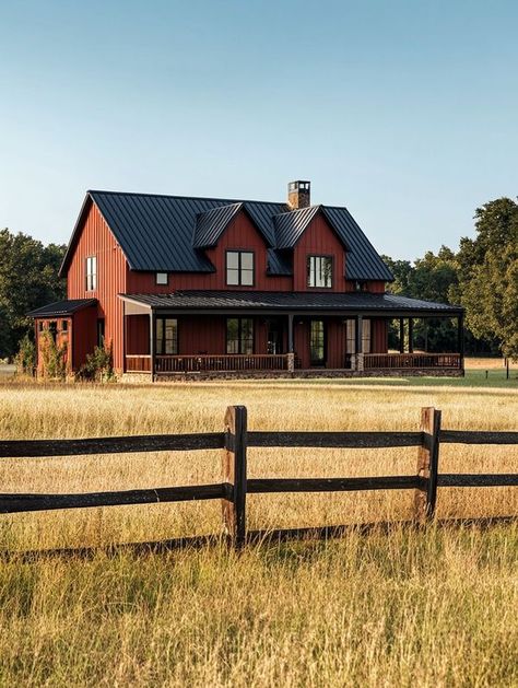 Wooden Barndominium, Dark Brown Barndominium Exterior, Oklahoma Barndominium, Rustic Red Barndominium, 1845 Barndominium, Vintage Houses, Barn Houses, Pretty Houses, Shed To Tiny House