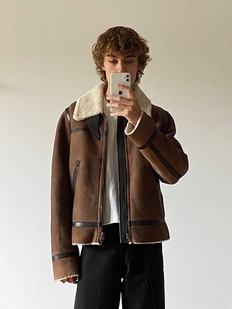 Prada Prada FW04 Shearling Aviator Leather Jacket | Grailed Shearling Jacket Outfit Men, Aviator Jacket Outfit Men, Brown Shearling Jacket Outfit, Aviator Jacket Outfit, Shearling Jacket Outfit, Sonic Au, Jacket Outfit Men, Aviator Leather Jacket, Streetwear Inspo