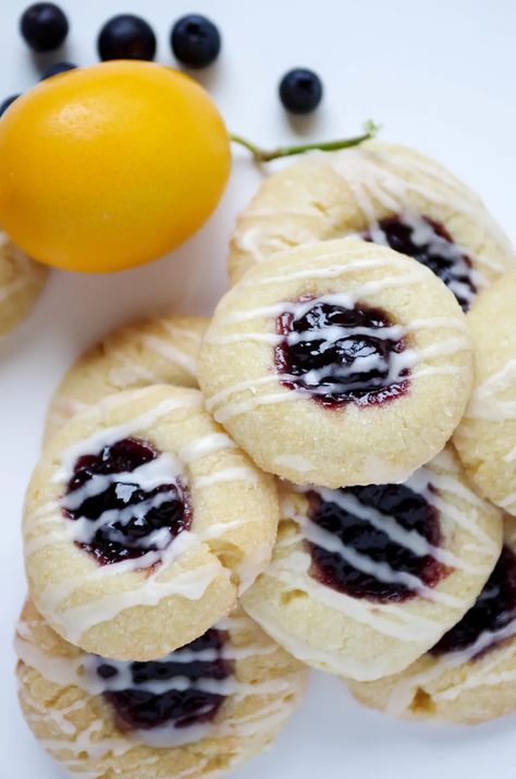 Lemon Blueberry Thumbprint Cookies - The Forked Spoon Lemon Thumbprint Cookies, Thumbprint Cookies Christmas, Best Thumbprint Cookies, Cookies Thumbprint, Lemon Blueberry Cookies, Jam Thumbprint Cookies, Thumbprint Cookies Recipe, Blueberry Cookies, Summer Cookies