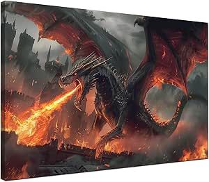 Dragon Wall Painting, Dragon Mural, Dragon Painting, Breathing Fire, Big Dragon, Dragon Wall, Wall Canvas Painting, Fantasy Castle, Living Room Canvas