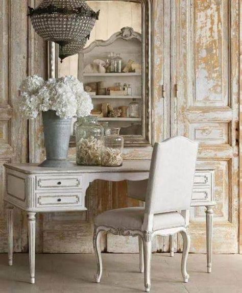 15 French country style country home offices | My desired home French Style Office, French Country Desk, French Country Chairs, French Style Chairs, French Country Rug, French Country Chandelier, French Country Living, Chic Desk, French Country Bedrooms