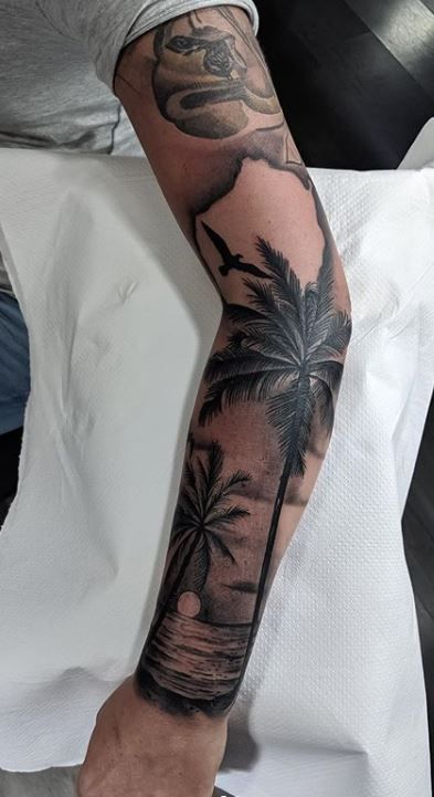 Palm Tree Leg Sleeve Tattoo, Palm Tree Half Sleeve Tattoo, Christian Palm Leaf Tattoo, Tropical Tattoos Men, Palm Tree Tattoo Men Arm, Palm Trees Tattoo Men, Palm Tree Tattoo Men Forearm, Florida Sleeve Tattoo, Palm Tree Leg Tattoo