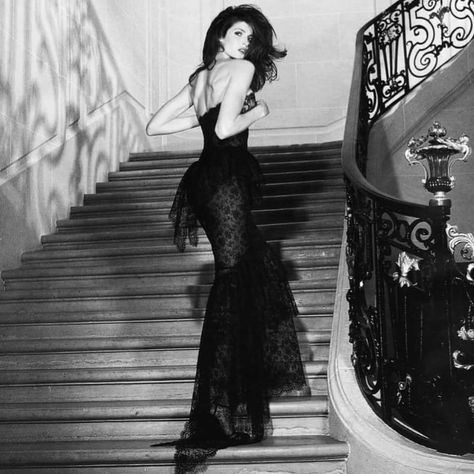 Dioni Tabbers, Ukraine, Stairs, Black Dress, Black And White, White, Black