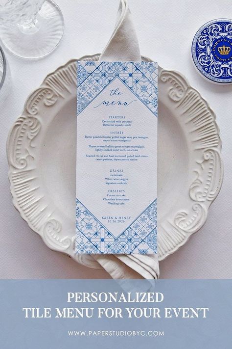 Celebrate your special day with an elegant and personalized wedding dinner menu featuring handcrafted Portuguese blue tiles. Our unique menu collection includes unique options that are sure to add a touch of class to your wedding day. From the luxurious mix of tiles with the elegant font to intricate details. Each menu is sure to impress your guests and create lasting memories. Unique Wedding Stationery, Wedding Dinner Menu, Mediterranean Wedding, Buttercream Wedding Cake, Blue Themed Wedding, Portuguese Tiles, Cocktail Desserts, Blue Tile, Wedding Menu Cards