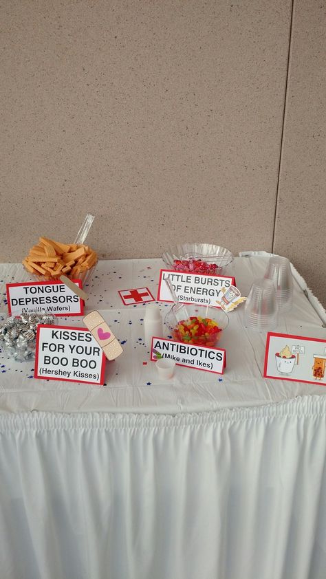 BC3 pinning ceremony! #nursingschool #nursing #nursingparty Nurse Candy Bar Ideas, Nursing Treat Table, Nurse Games Party, Medical Party Food, Medical Party Favors, Nursing School Graduation Party Favors, Nursing Desert Table, Nursing Party Favors, Nursing School Graduation Cakes