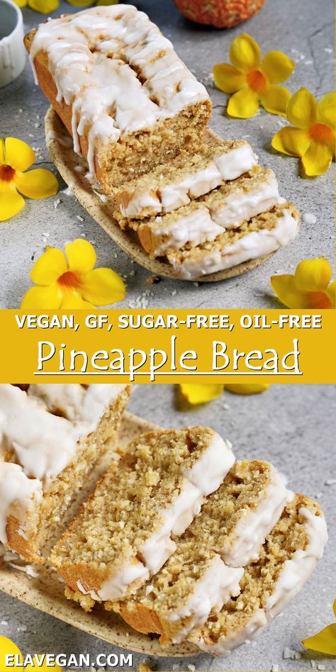 This pineapple coconut bread is moist, tender, sweet, and tropical with a combination of fresh pineapple and shredded coconut for a summer treat! Unlike many other pineapple cake recipes, this version is also refined sugar-free, oil-free, dairy-free, gluten-free, and vegan! Bread Vegan Recipe, Pineapple Cake Recipes, Pineapple Coconut Bread, Ella Vegan, Refined Sugar Free Desserts, Pineapple Cake Recipe, Pineapple Bread, Pineapple Dessert Recipes, Pineapple Desserts