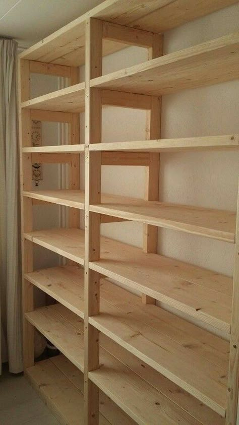 2x4 Shelving Diy, Kitchen Storage Islands, Canning Shelving Ideas, Diy Canning Shelves, Canning Shelves, Garage Storage Hacks, Basement Storage Shelves, Homestead Pantry, Diy Storage Shelves