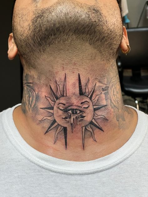 Third eye split sun tattoo neck Sun Third Eye Tattoo, Third Eye Neck Tattoo, Third Eye Tattoo Men, Spiritual Throat Tattoo, Sun And Eye Tattoo, Sun Throat Tattoo, Eye Throat Tattoo, Evil Sun Tattoo, Melting Eye Tattoo