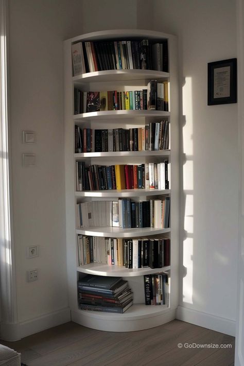 Shelves In Bedroom Over Desk, Book Shelves Corner, Home Book Corner, Corner Wall Mounted Shelves, Living Room Corner Bookshelves, Shelves In A Corner, Book Shelf For Corner Of Room, Corner Hanging Bookshelves, Corner Book Shelf Ideas Aesthetic