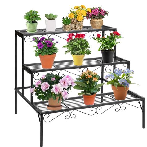 AmazonSmile : DOEWORKS 3 Tier Stair Style Metal Plant Stand, Garden Shelf for Large Flower Pot Display Rack Indoor Outdoor, Black : Garden & Outdoor Plant Ladder, Support Pour Plante, Garden Shelves, Plant Stands Outdoor, Large Flower Pots, Metal Plant Stand, Flower Pot Holder, Flower Pot Garden, Plant Stand Indoor