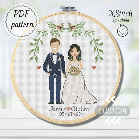 Mr and Mrs wedding portrait from photo custom cross stitch pattern newlywed gift for bride cotton 2nd anniversary gift Stitch Portrait, Portrait Cross Stitch, Wedding Cross Stitch Patterns, Unique Cross Stitch, 2nd Anniversary Gift, Cross Stitch Tutorial, Wedding Cross Stitch, Easy Cross Stitch Patterns, Wedding Cross