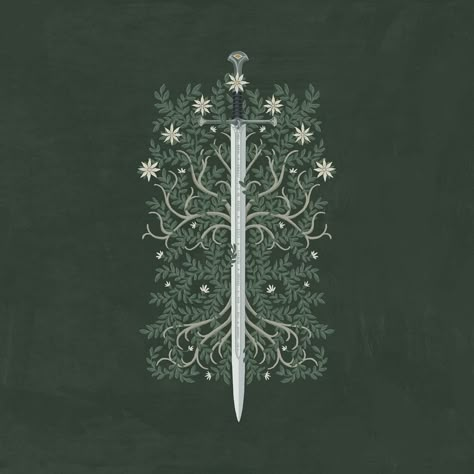 Digitally painted illustration of Anduril, The sword of Aragorn, layered over the Tree of Gondor Tree Of Gondor Tattoo, Lotr Swords, Tree Of Gondor, Lotr Tattoo, Lord Of The Rings Tattoo, Power Wallpaper, Middle Earth Art, Lotr Art, Swords Medieval