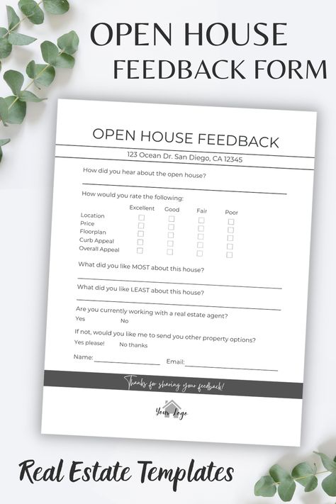 Real Estate Open House Feedback Form | PDF & Editable Template, Realtor Marketing, Forms, Printables Open House Feedback Form Real Estate, Open House Flyer Ideas, Open House Sign Ideas, Open House Ideas Real Estate Set Up, Open House Feedback Form, Realtor Open House, Rent Receipt, Real Estate Contract, Real Estate Forms