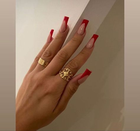 French Nails Inspo Long, Nails With Red French, Red French Tip Nails, Red French Tips, Red French Tip, Tapered Square Nails, Nagellack Trends, Red French, Moon Nails