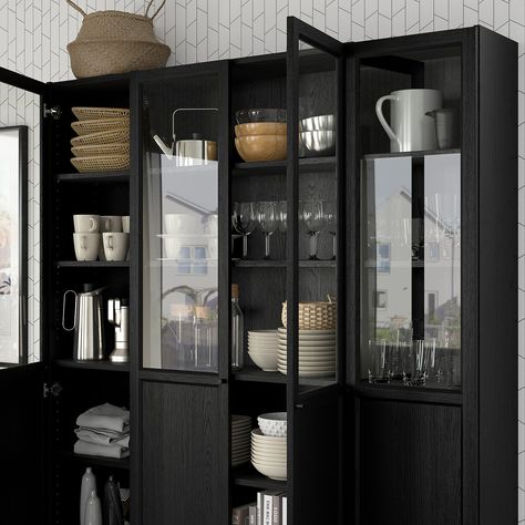 Ikea Glass Cabinet Dining Room, All Black Office, Ikea Billy Oxberg, Billy Bookcase With Doors, Billy Oxberg Bookcase, Oxberg Bookcase, Hide Clutter, Billy Oxberg, Billy Ikea