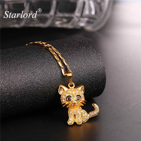 Rhinestone Cute Cat Necklace Trendy Gold Color Link Chain For Women Collares Lucky Pet Pendant Bijoux Wholesale P2453 Popular Necklaces, Cat Pendant Necklace, Rose Quartz Jewelry, Cat Pendant, Gold Chain With Pendant, Cat Pendants, Ruby Jewelry, Cat Jewelry, Cat Necklace